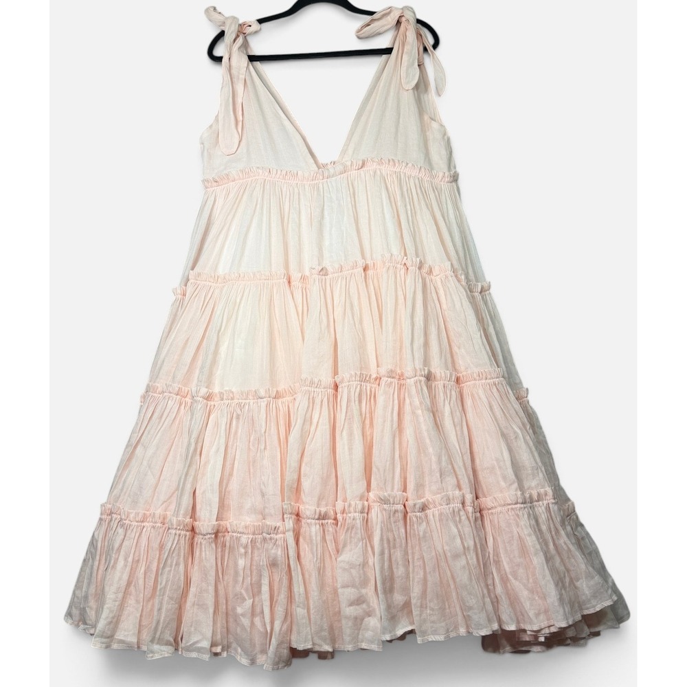 Innika Choo Dress Womens 1 Peach Ramie Big Frill Long Deep V Neck Tiered Midi